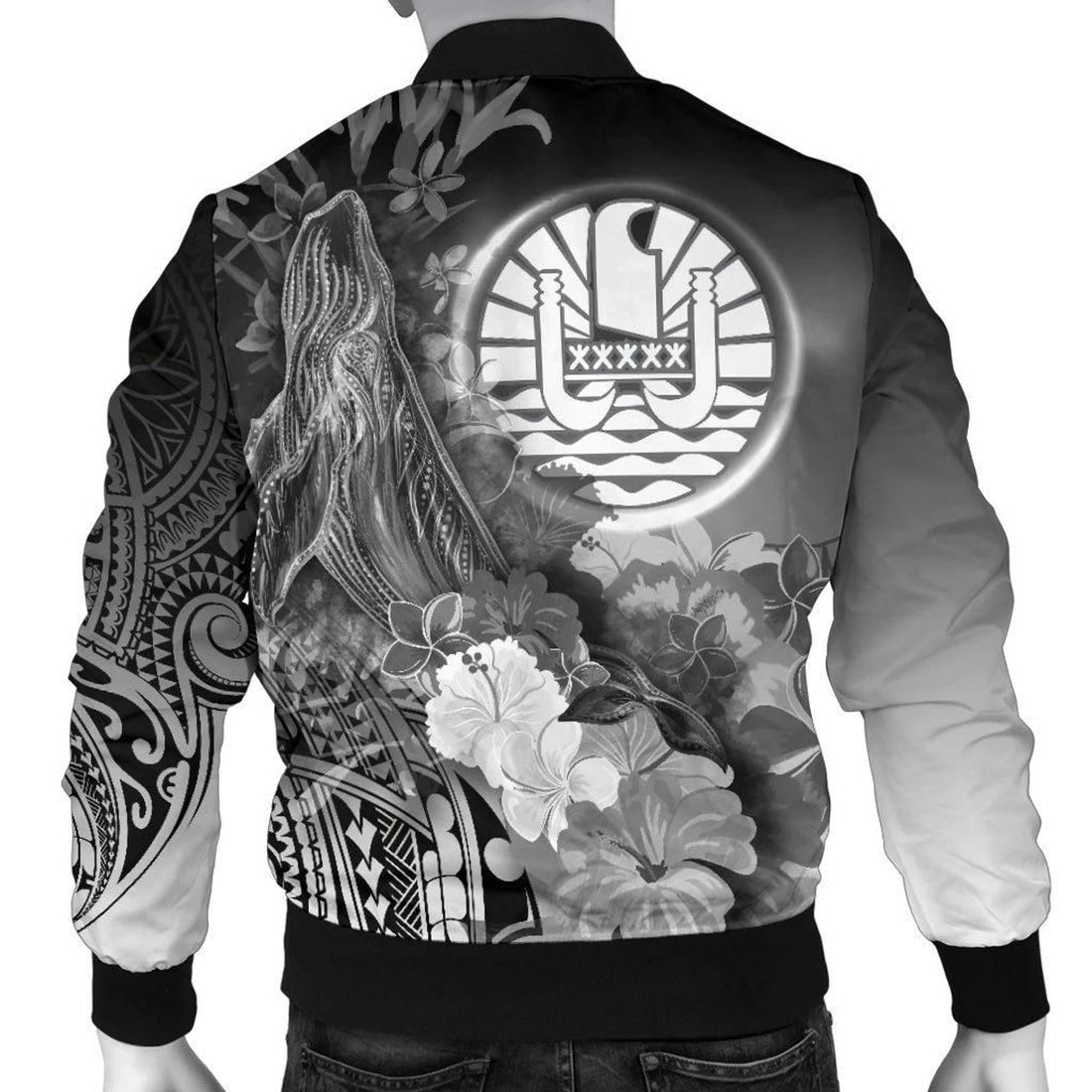 FUNSTUFFPRINT Tahiti Custom Personalised Men's Bomber Jacket - Humpback Whale with Tropical Flowers (White)- 3D Bomber Jacket