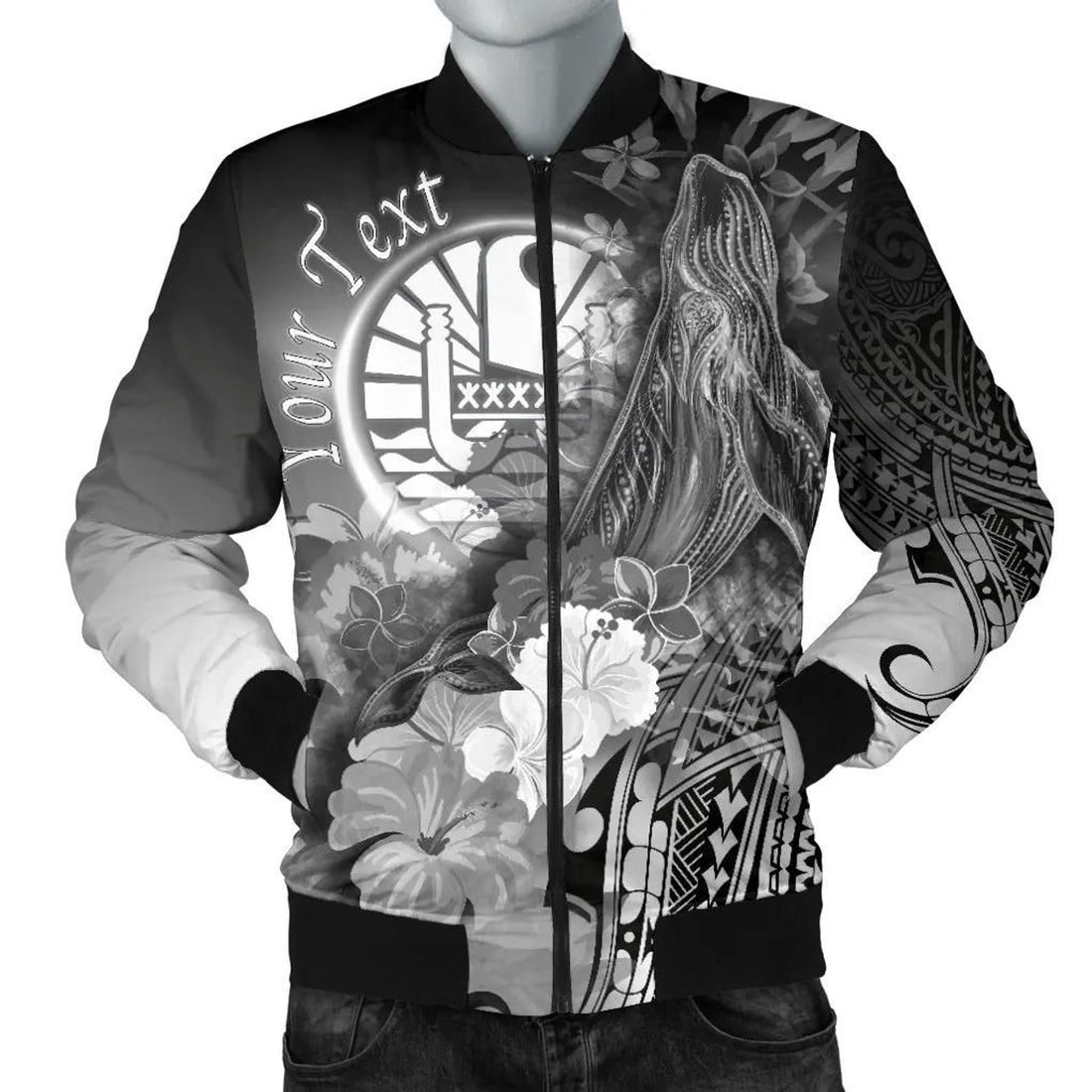 FUNSTUFFPRINT Tahiti Custom Personalised Men's Bomber Jacket - Humpback Whale with Tropical Flowers (White)- 3D Bomber Jacket