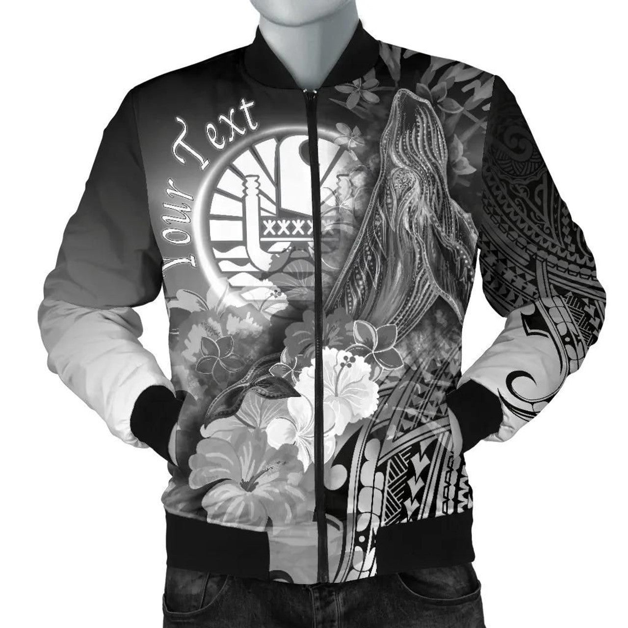 FUNSTUFFPRINT Tahiti Custom Personalised Men's Bomber Jacket - Humpback Whale with Tropical Flowers (White)- 3D Bomber Jacket