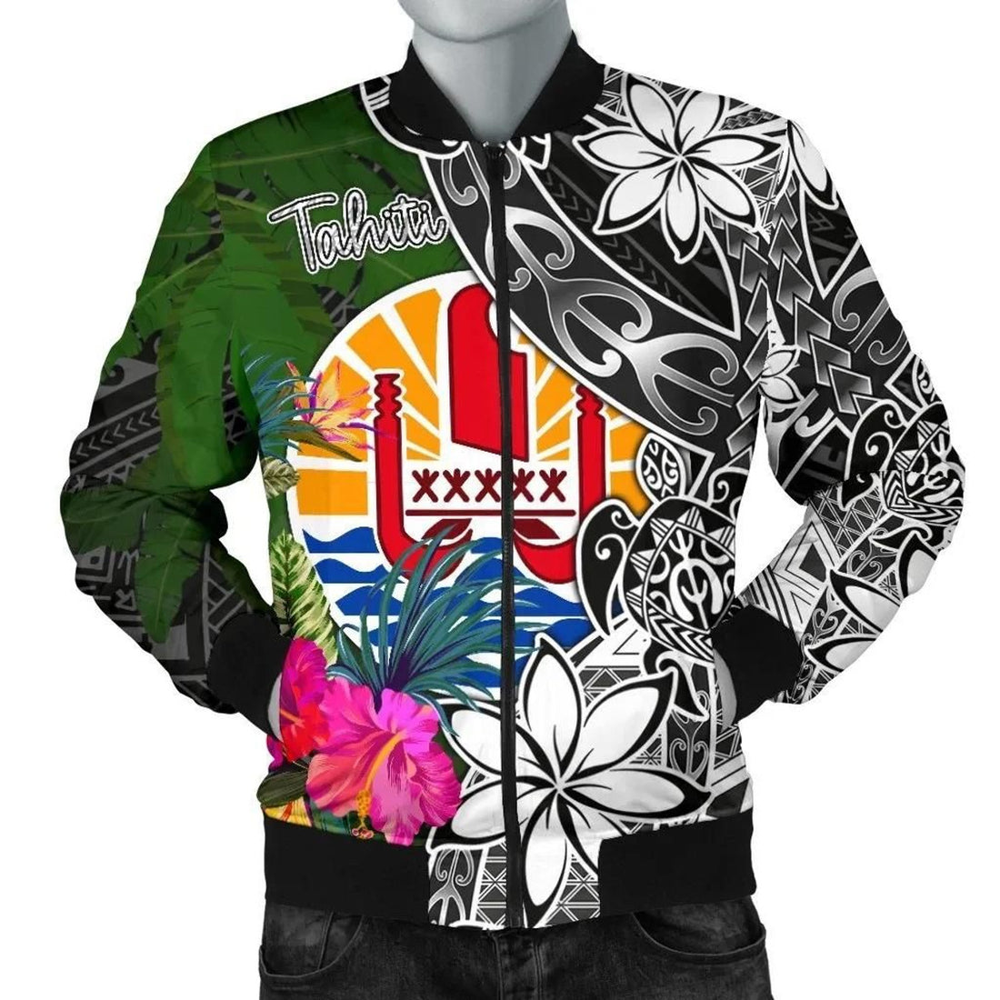 FUNSTUFFPRINT Tahiti Men Bomber Jacket - Turtle Plumeria Banana Leaf - 3D Bomber Jacket