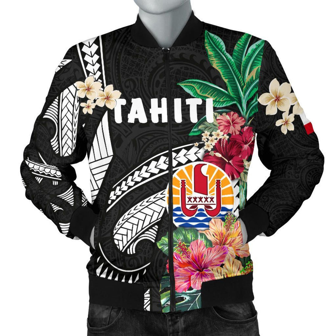FUNSTUFFPRINT Tahiti Men's Bomber Jacket Coat Of Arms Polynesian With Hibiscus 3D Bomber Jacket