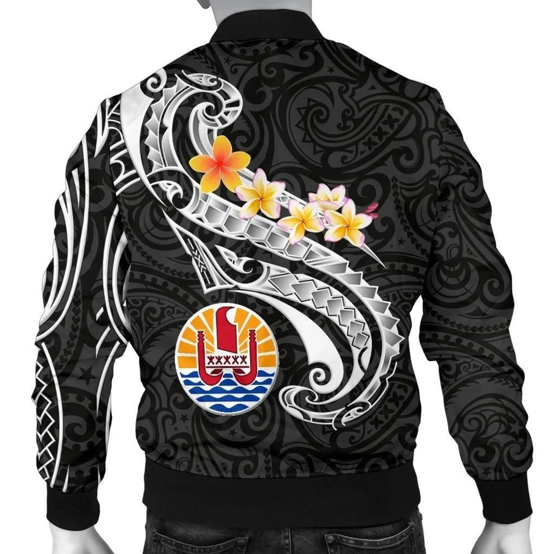 FUNSTUFFPRINT Tahiti Men's Bomber Jacket - Tahiti Seal Polynesian Patterns Plumeria (Black) - 3D Bomber Jacket