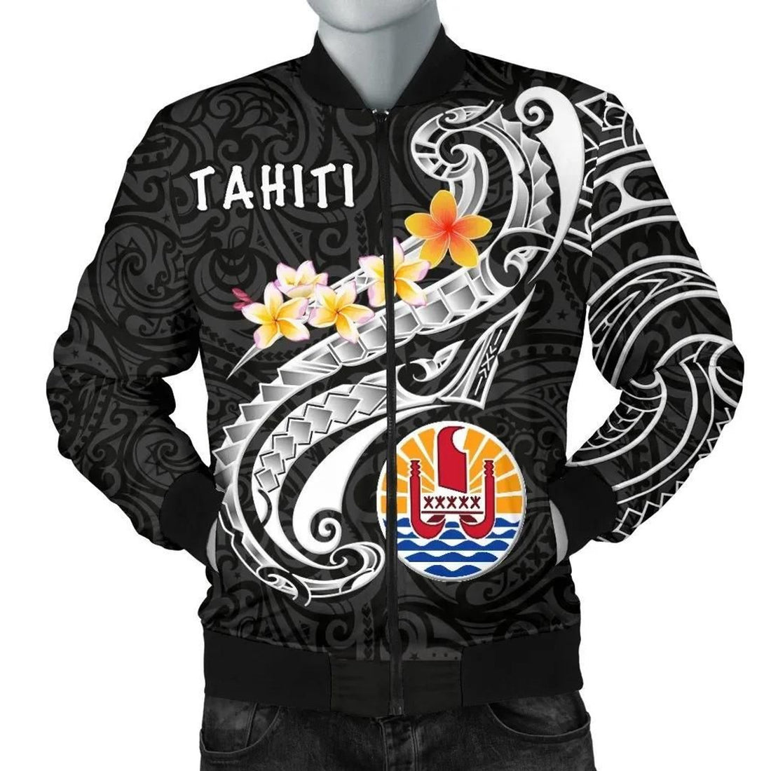 FUNSTUFFPRINT Tahiti Men's Bomber Jacket - Tahiti Seal Polynesian Patterns Plumeria (Black) - 3D Bomber Jacket