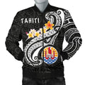FUNSTUFFPRINT Tahiti Men's Bomber Jacket - Tahiti Seal Polynesian Patterns Plumeria (Black) - 3D Bomber Jacket