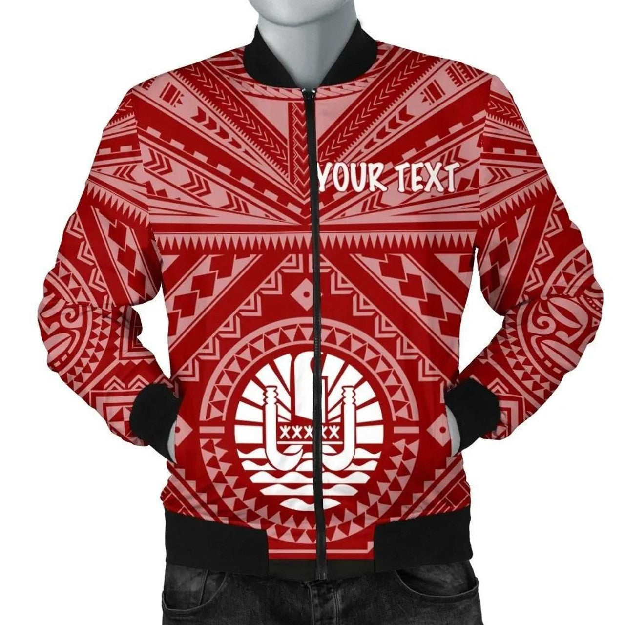 FUNSTUFFPRINT Tahiti Personalised Men's Bomber Jacket - Tahiti Seal In Polynesian Tattoo Style (Red) - 3D Bomber Jacket