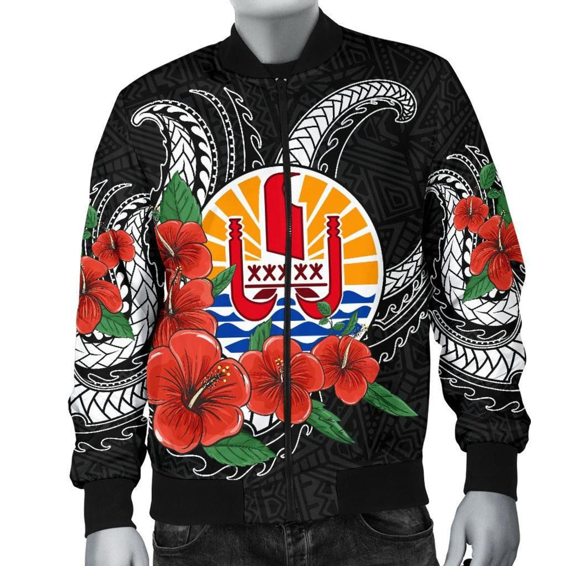 FUNSTUFFPRINT Tahiti Polynesian Men Bomber Jacket - Hibiscus Coat of Arm Black - 3D Bomber Jacket
