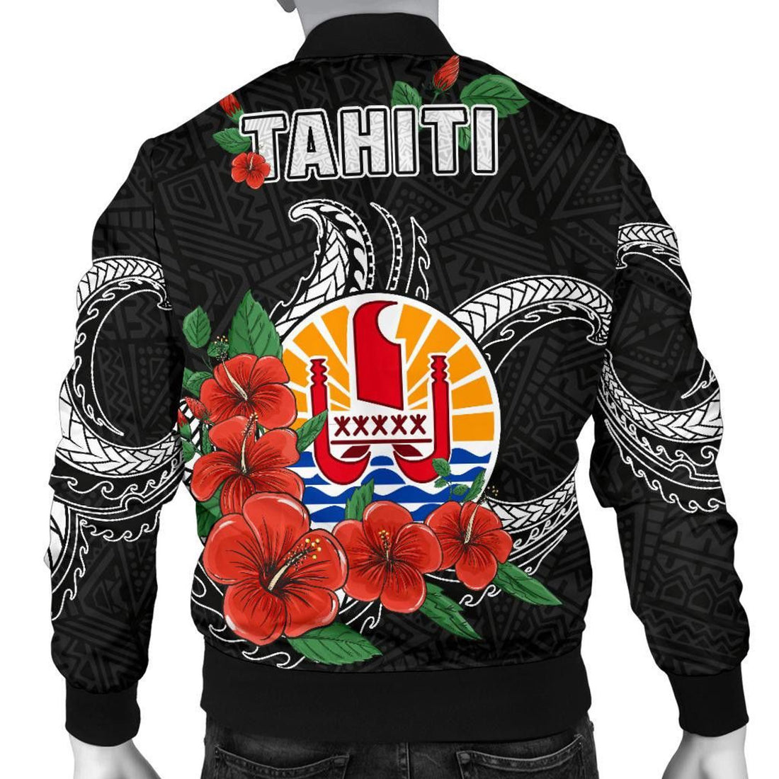 FUNSTUFFPRINT Tahiti Polynesian Men Bomber Jacket - Hibiscus Coat of Arm Black - 3D Bomber Jacket