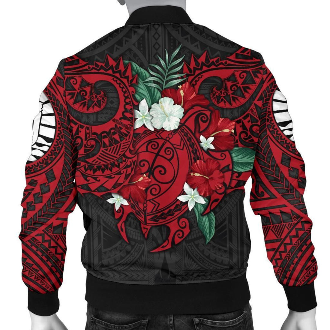 FUNSTUFFPRINT Tahiti Polynesian Men's Bomber Jacket - Hibiscus and Sea Turtle (Red) - 3D Bomber Jacket