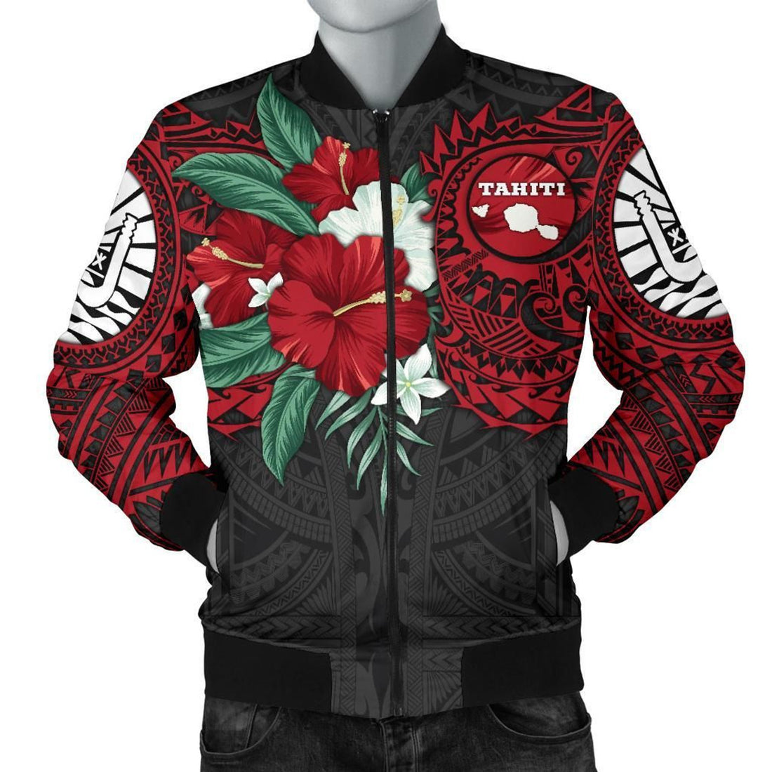 FUNSTUFFPRINT Tahiti Polynesian Men's Bomber Jacket - Hibiscus and Sea Turtle (Red) - 3D Bomber Jacket