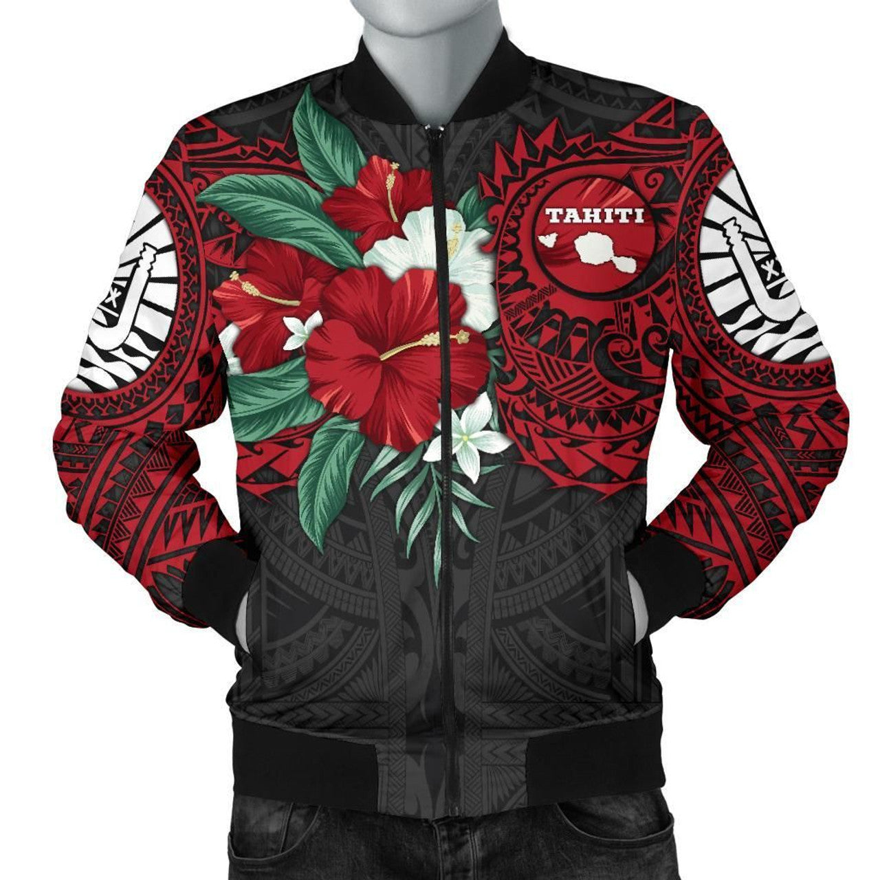 FUNSTUFFPRINT Tahiti Polynesian Men's Bomber Jacket - Hibiscus and Sea Turtle (Red) - 3D Bomber Jacket
