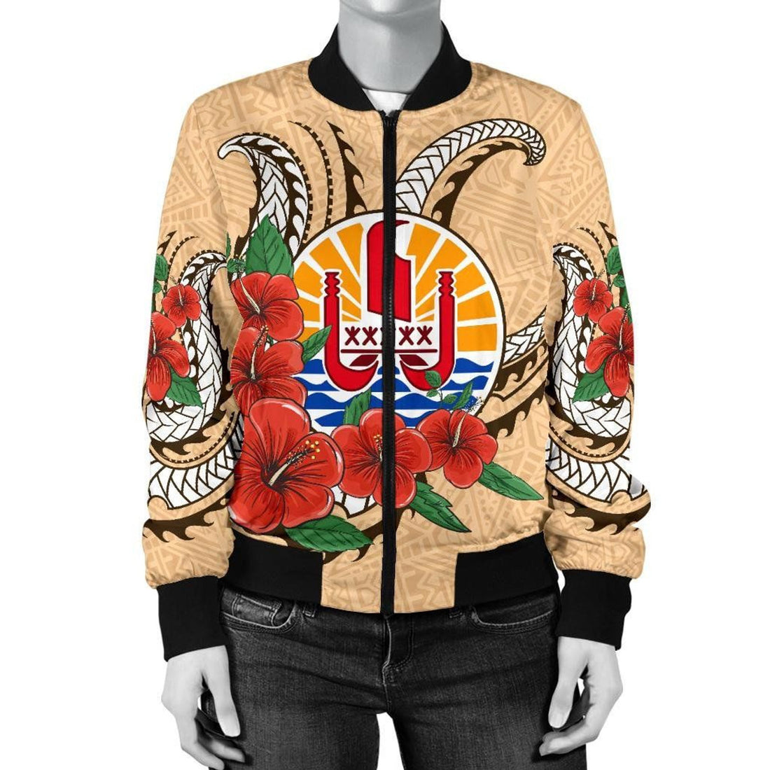 FUNSTUFFPRINT Tahiti Polynesian Women Bomber Jacket - Hibiscus Coat of Arm Beige - 3D Bomber Jacket