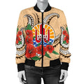 FUNSTUFFPRINT Tahiti Polynesian Women Bomber Jacket - Hibiscus Coat of Arm Beige - 3D Bomber Jacket