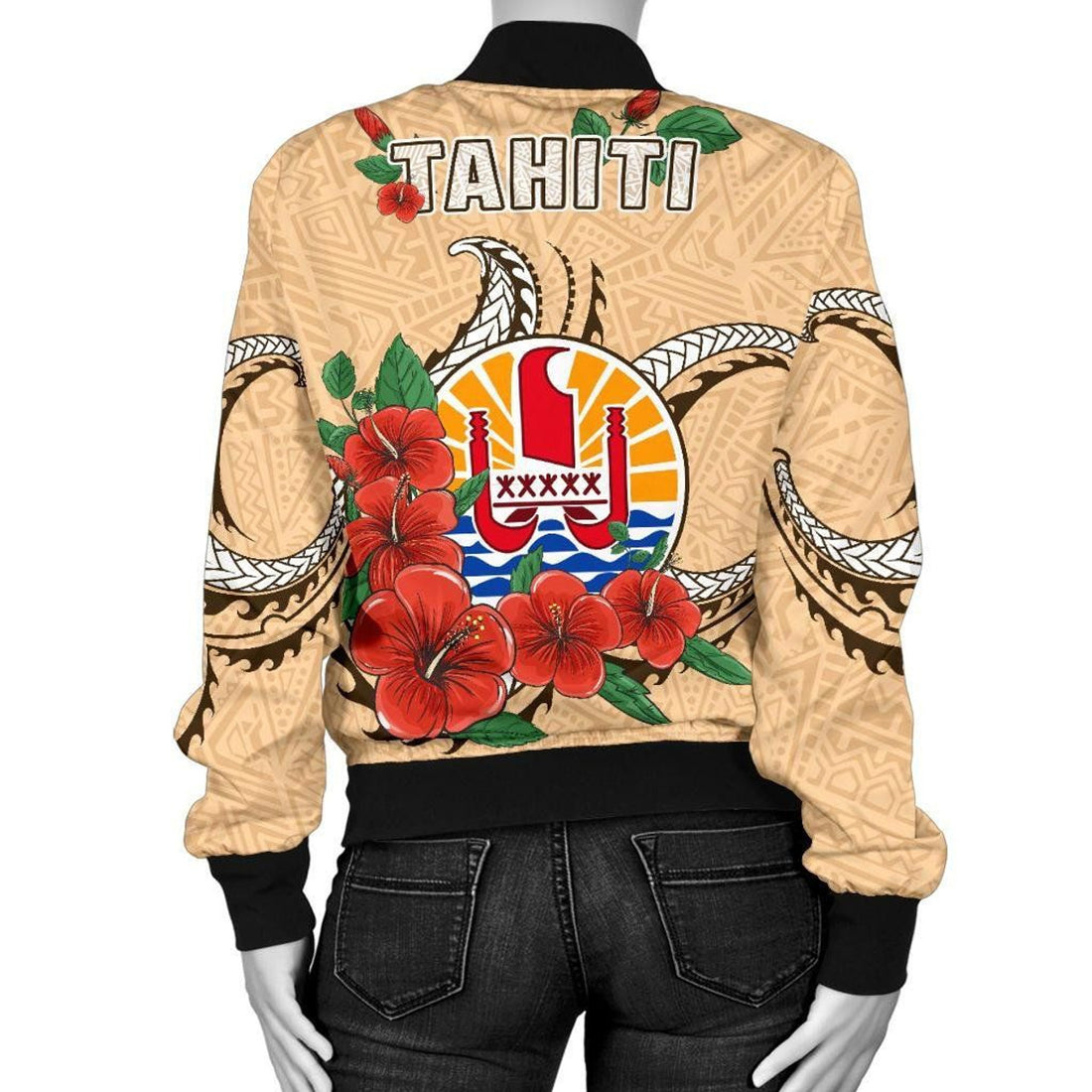 FUNSTUFFPRINT Tahiti Polynesian Women Bomber Jacket - Hibiscus Coat of Arm Beige - 3D Bomber Jacket