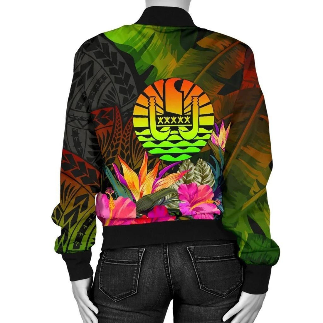 FUNSTUFFPRINT Tahiti Polynesian Women's Bomber Jacket - Hibiscus and Banana Leaves - 3D Bomber Jacket