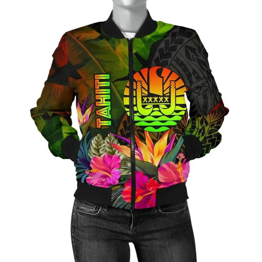 FUNSTUFFPRINT Tahiti Polynesian Women's Bomber Jacket - Hibiscus and Banana Leaves - 3D Bomber Jacket