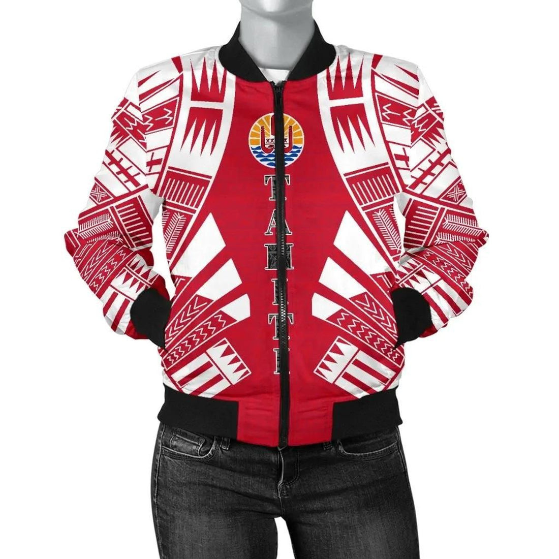 FUNSTUFFPRINT Tahiti Women Bomber Jacket - Polynesian Tattoo Flag - 10 3D Bomber Jacket