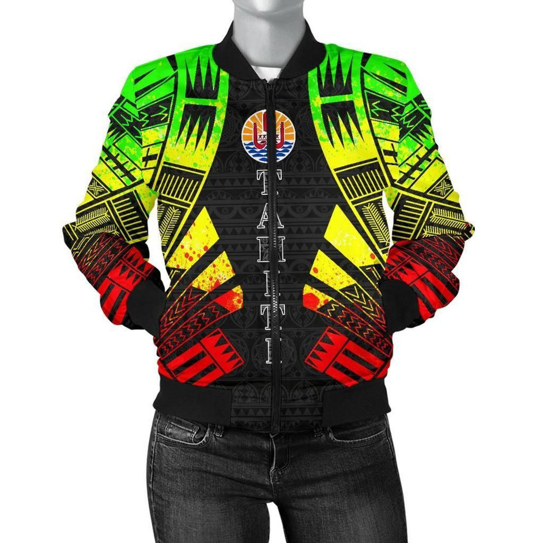 FUNSTUFFPRINT Tahiti Women Bomber Jacket - Polynesian Tattoo Reggae - 10 3D Bomber Jacket