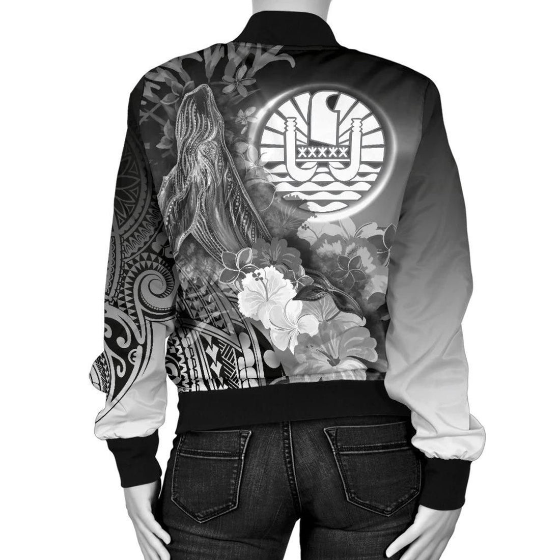 FUNSTUFFPRINT Tahiti Women's Bomber Jacket - Humpback Whale with Tropical Flowers (White)- 3D Bomber Jacket