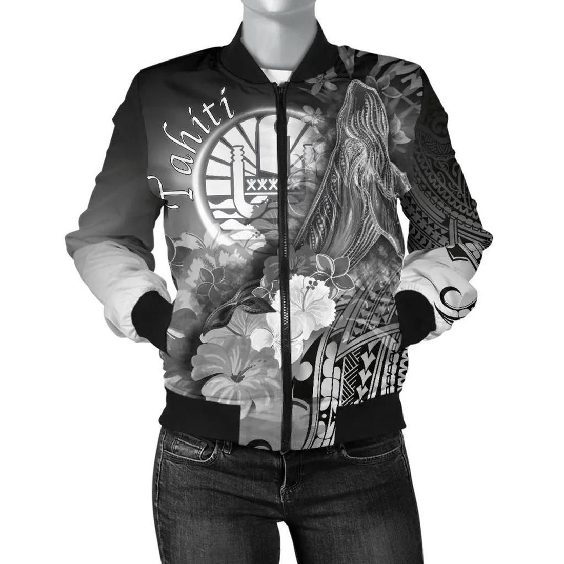 FUNSTUFFPRINT Tahiti Women's Bomber Jacket - Humpback Whale with Tropical Flowers (White)- 3D Bomber Jacket