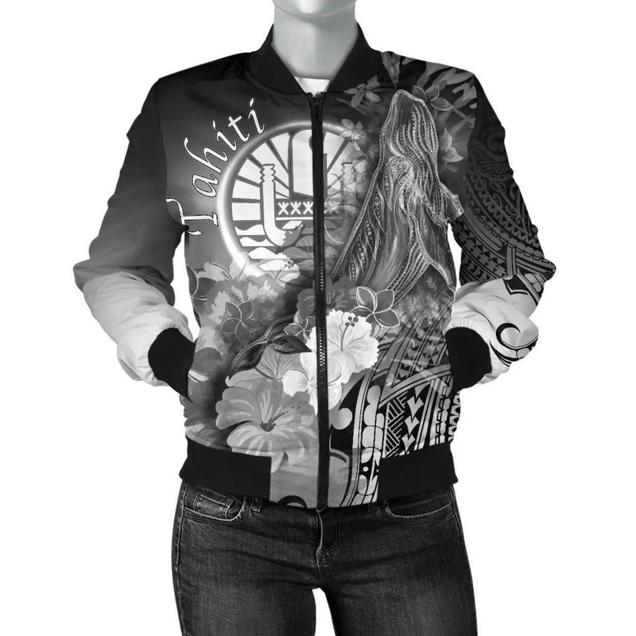 FUNSTUFFPRINT Tahiti Women's Bomber Jacket - Humpback Whale with Tropical Flowers (White)- 3D Bomber Jacket