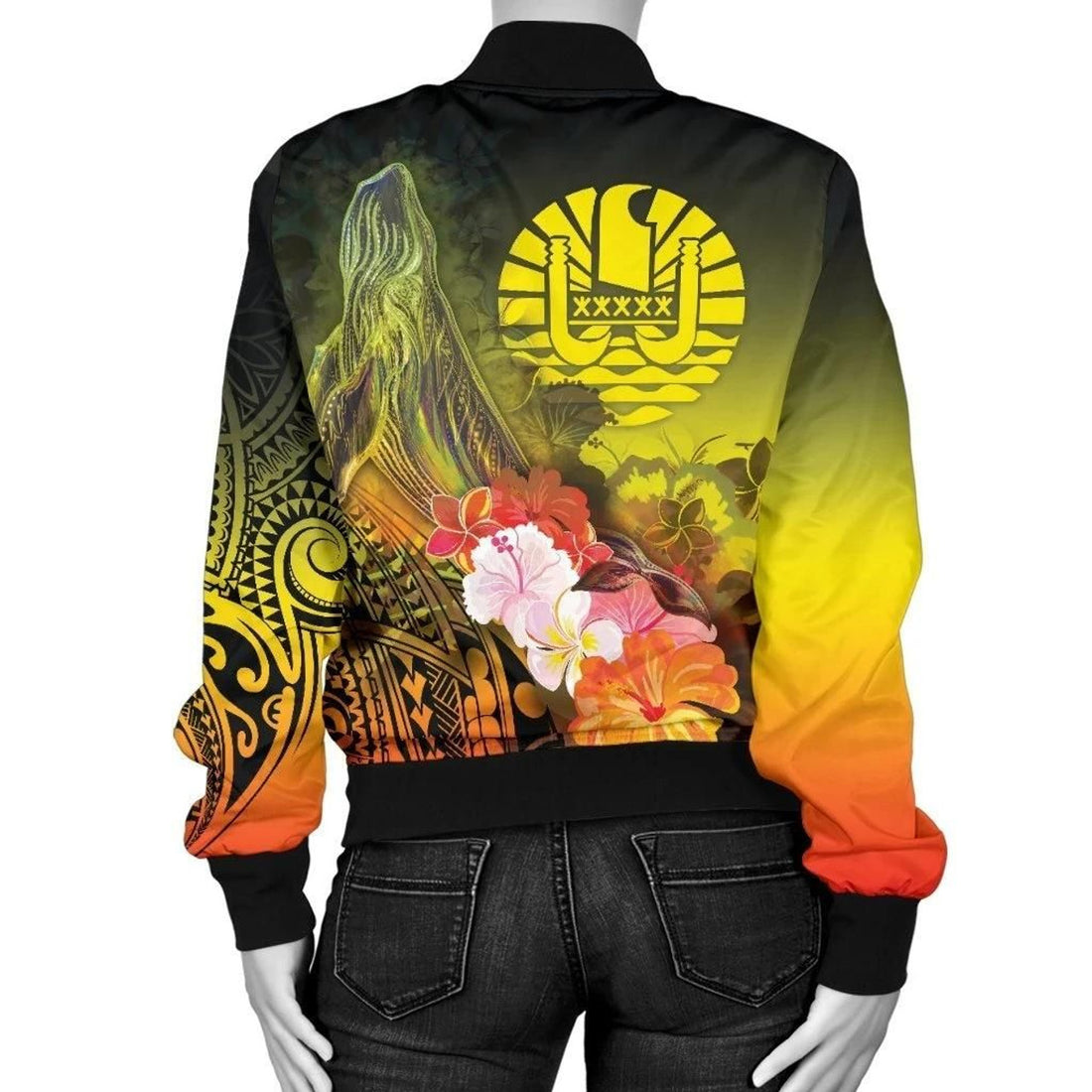FUNSTUFFPRINT Tahiti Women's Bomber Jacket - Humpback Whale with Tropical Flowers (Yellow)- 3D Bomber Jacket