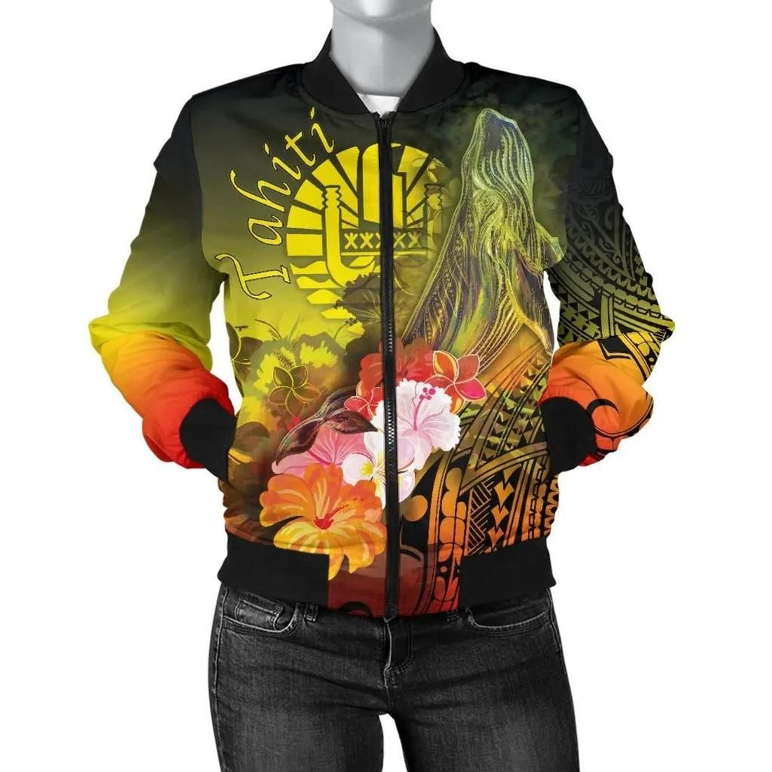 FUNSTUFFPRINT Tahiti Women's Bomber Jacket - Humpback Whale with Tropical Flowers (Yellow)- 3D Bomber Jacket