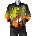 FUNSTUFFPRINT Tahiti Women's Bomber Jacket - Humpback Whale with Tropical Flowers (Yellow)- 3D Bomber Jacket