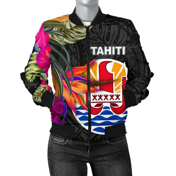 FUNSTUFFPRINT Tahiti Women's Bomber Jacket - Polynesian Hibiscus Pattern - 3D Bomber Jacket