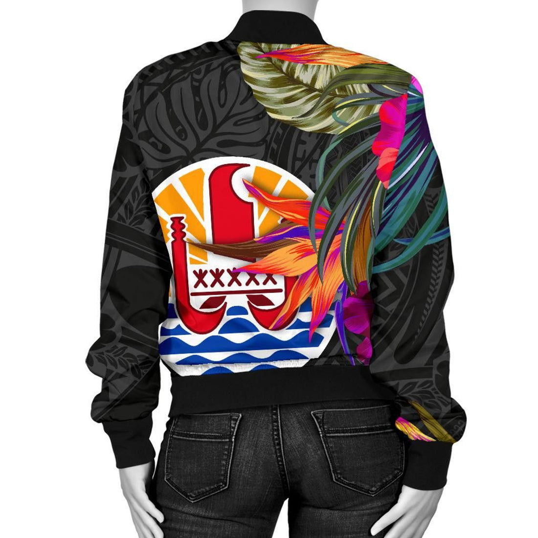 FUNSTUFFPRINT Tahiti Women's Bomber Jacket - Polynesian Hibiscus Pattern - 3D Bomber Jacket
