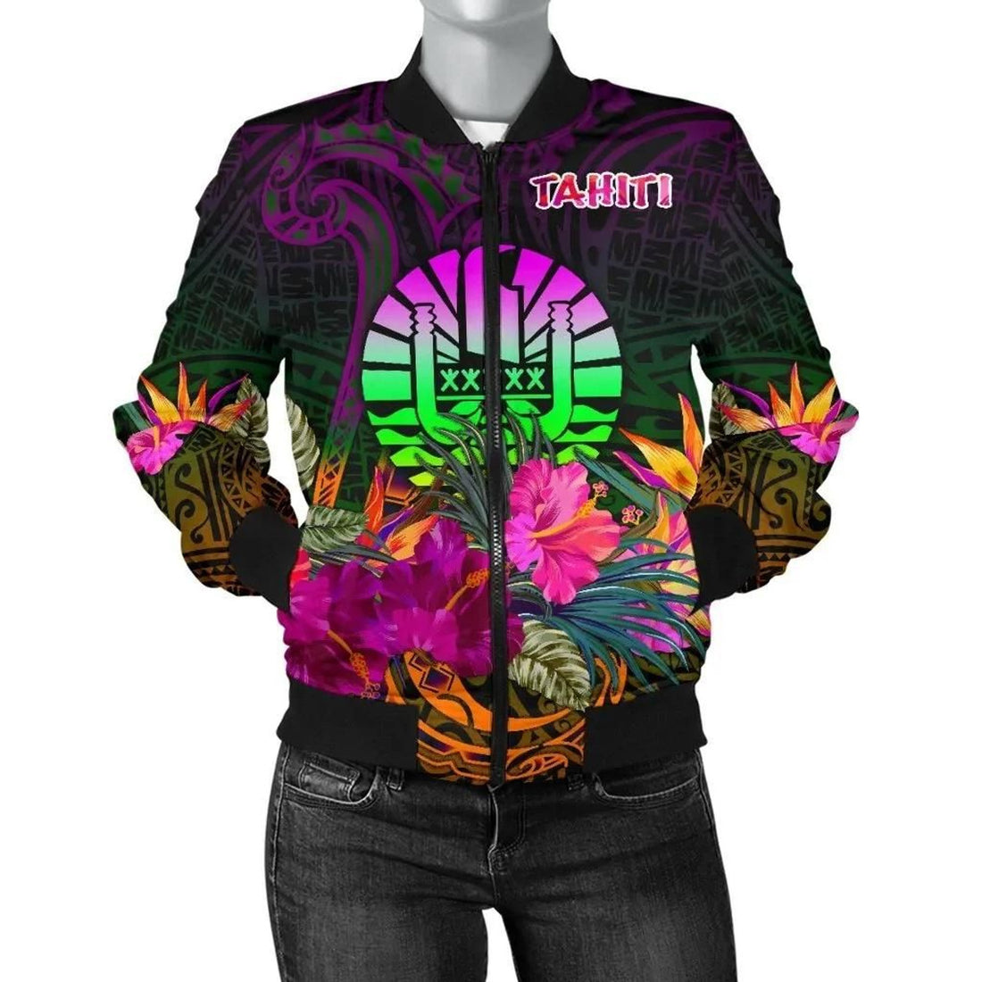 FUNSTUFFPRINT Tahiti Women's Bomber Jacket - Summer Hibiscus - 3D Bomber Jacket