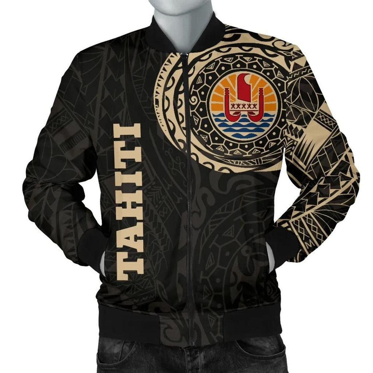 FUNSTUFFPRINT Tahiti in My Heart Polynesian Tattoo Style Men's 3D Bomber Jacket