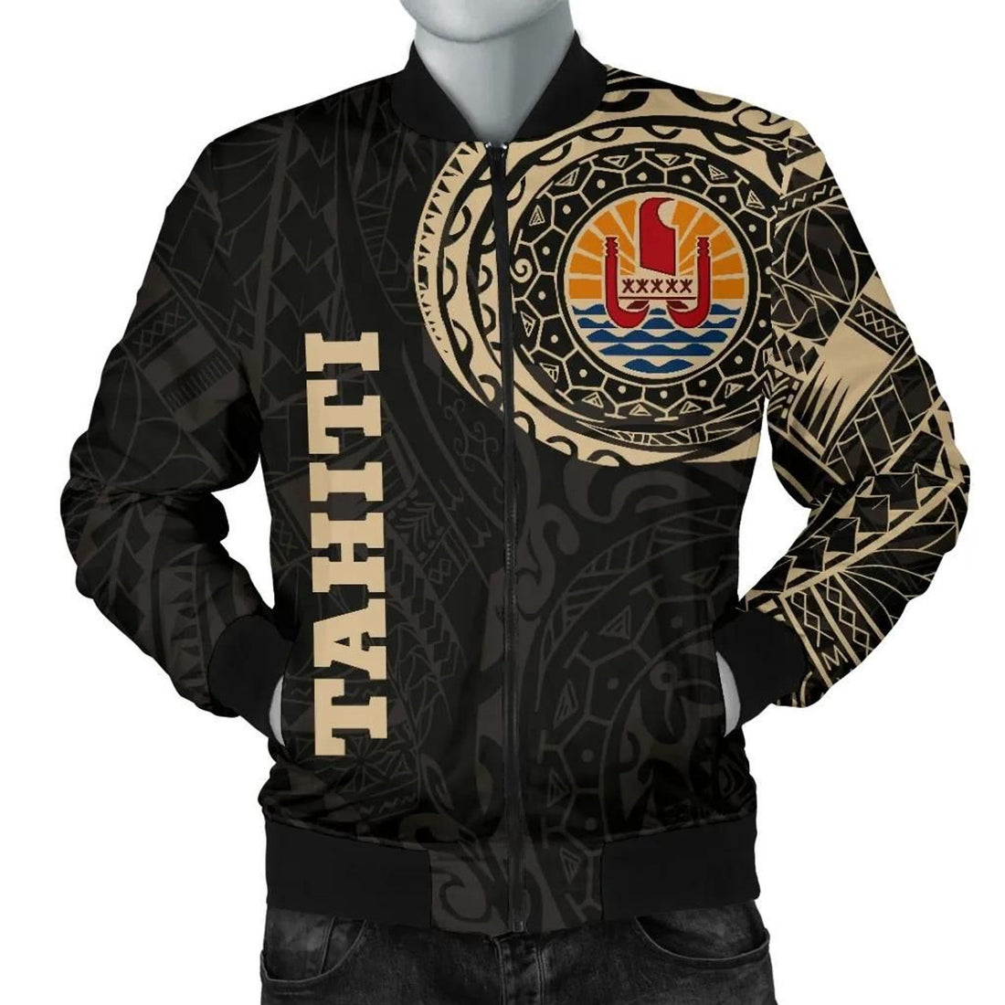 FUNSTUFFPRINT Tahiti in My Heart Polynesian Tattoo Style Men's 3D Bomber Jacket
