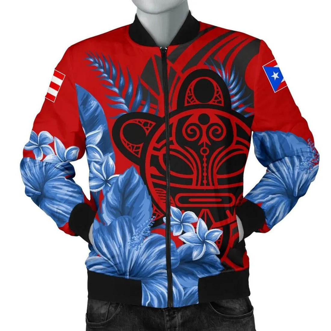 FUNSTUFFPRINT Taino Sun and Hibiscus of Puerto Rico Men's 3D Bomber Jacket