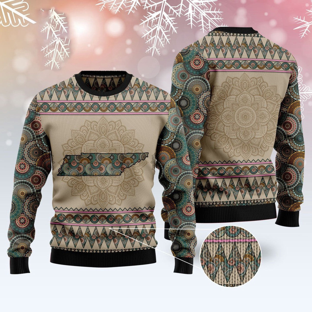 FUNSTUFFPRINT Tennessee Mandala Ugly Christmas Sweater, Christmas Sweater, Ugly Sweater, Funny Xmas Sweaters Ugly Sweater