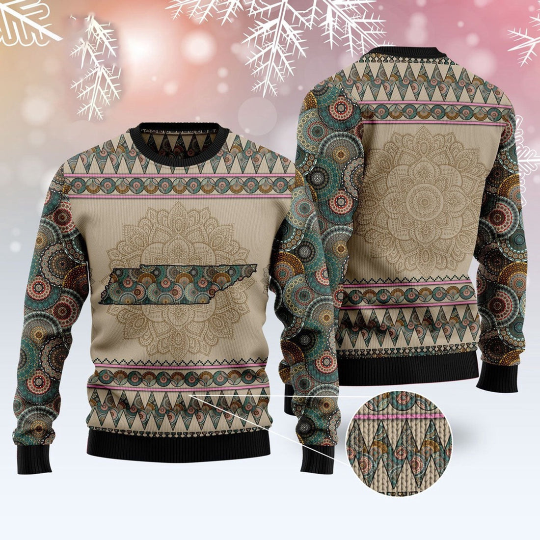 FUNSTUFFPRINT Tennessee Mandala Ugly Christmas Sweater, Christmas Sweater, Ugly Sweater, Funny Xmas Sweaters Ugly Sweater