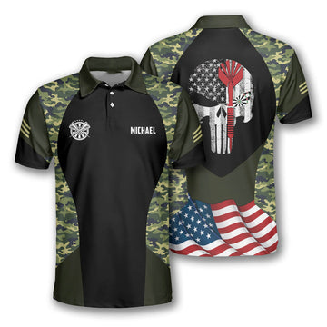 Custom 3D All Over Print Dart Camo Polo Shirt, Skull Camo Pattern Camouflage Dart American Flag Shirt, Flag Shirt