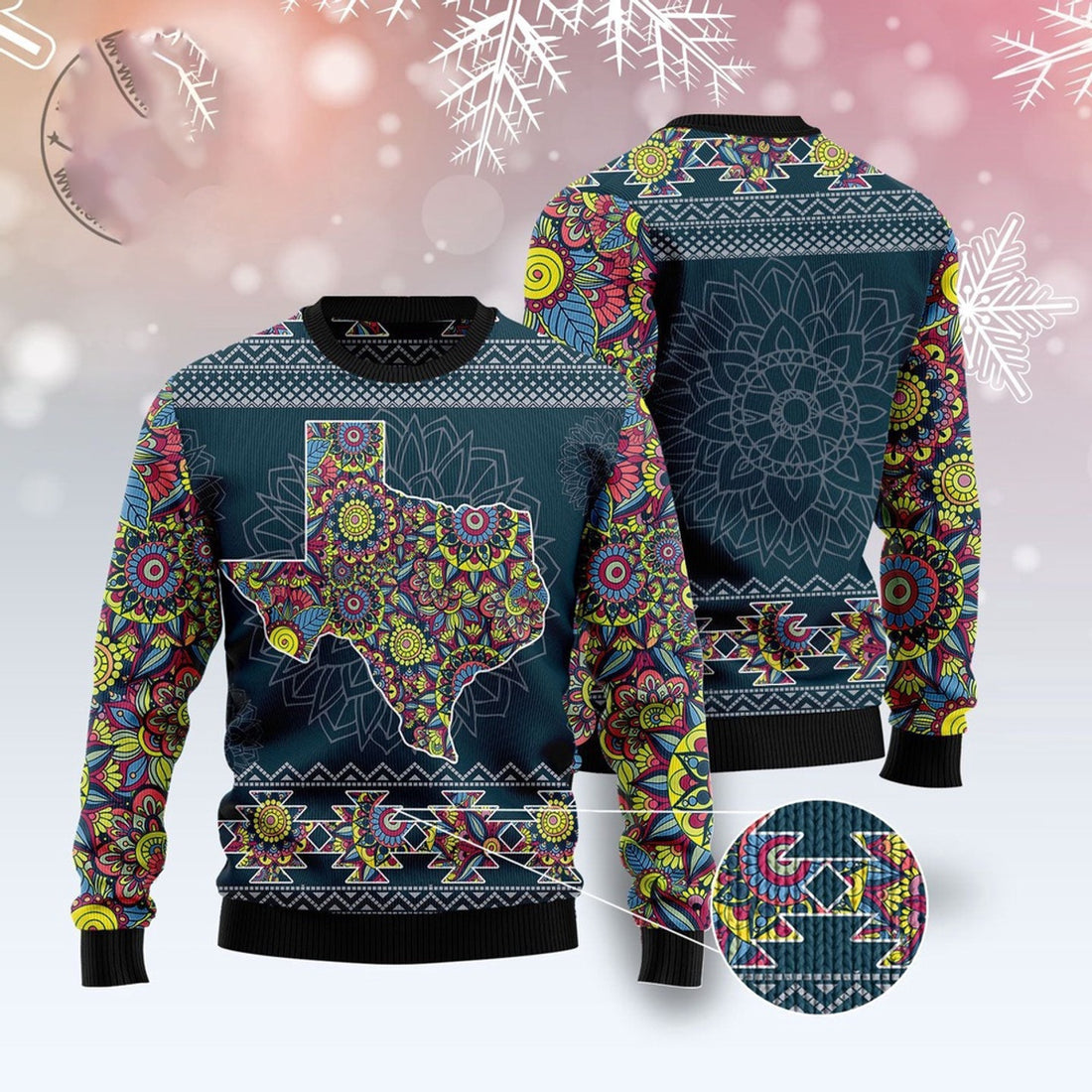 FUNSTUFFPRINT Texas Blue Mandala Ugly Christmas Sweater, Christmas Sweater, Ugly Sweater, Funny Xmas Sweaters Ugly Sweater