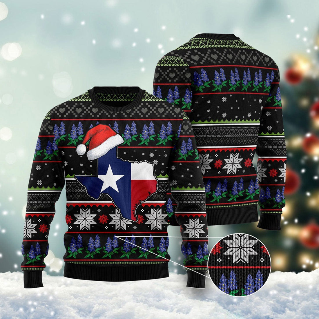 FUNSTUFFPRINT Texas Bluebonnet Ugly Christmas Sweater, Christmas Sweater, Ugly Sweater, Funny Xmas Sweaters Ugly Sweater