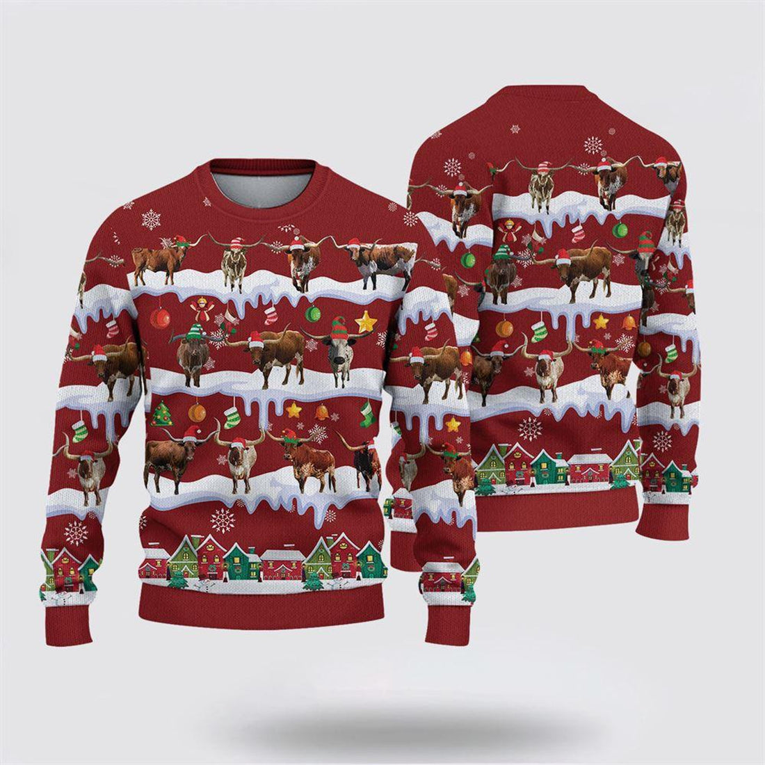 FUNSTUFFPRINT Texas Longhorn Christmas Knitted Sweater, Gifts For Farmers, Rural Lovers Ugly  Sweater