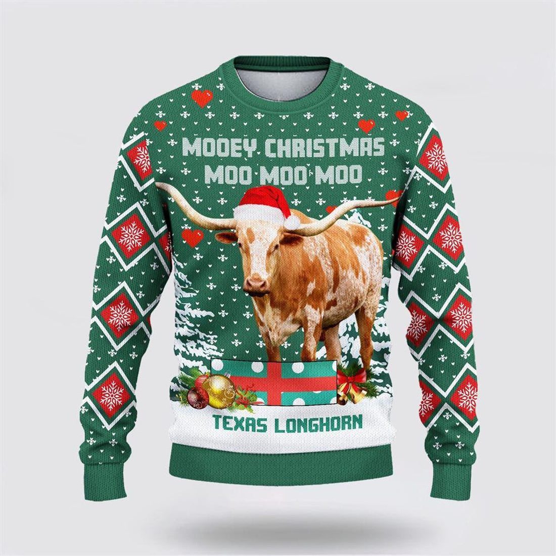 FUNSTUFFPRINT Texas Longhorn Green Merry Christmas Ugly Sweater, Gifts For Farmers, Rural Lovers Ugly Sweater