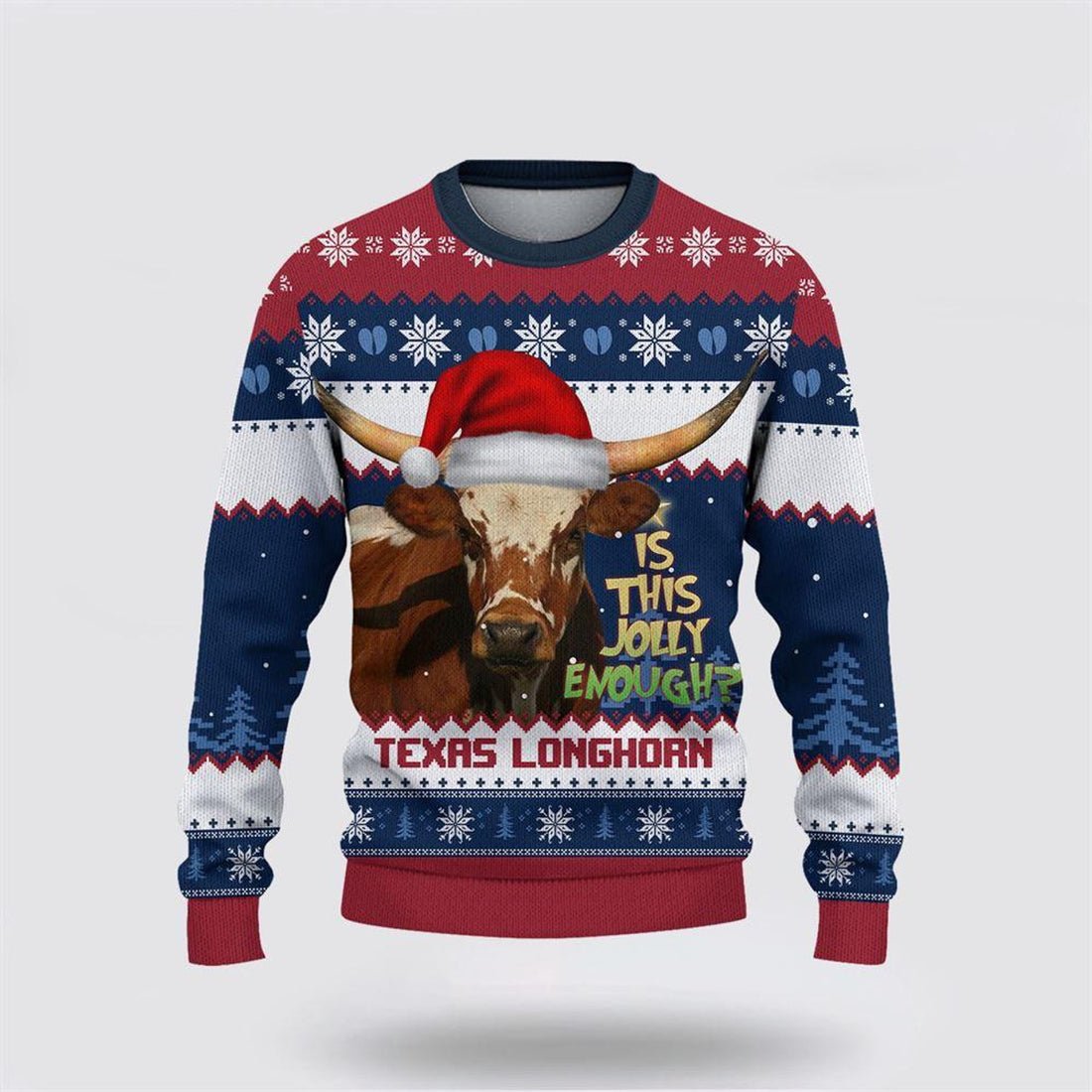 FUNSTUFFPRINT Texas Longhorn Jolly Merry Christmas Ugly Sweater, Gifts For Farmers, Rural Lovers Ugly Sweater
