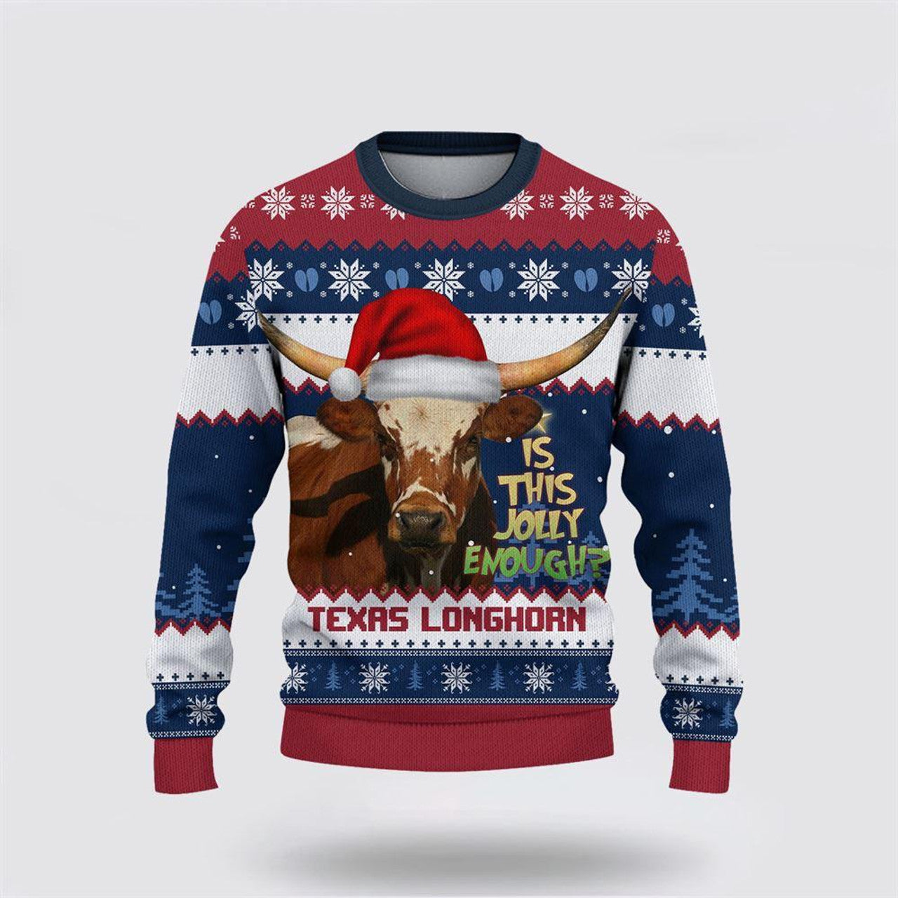 FUNSTUFFPRINT Texas Longhorn Jolly Merry Christmas Ugly Sweater, Gifts For Farmers, Rural Lovers Ugly Sweater