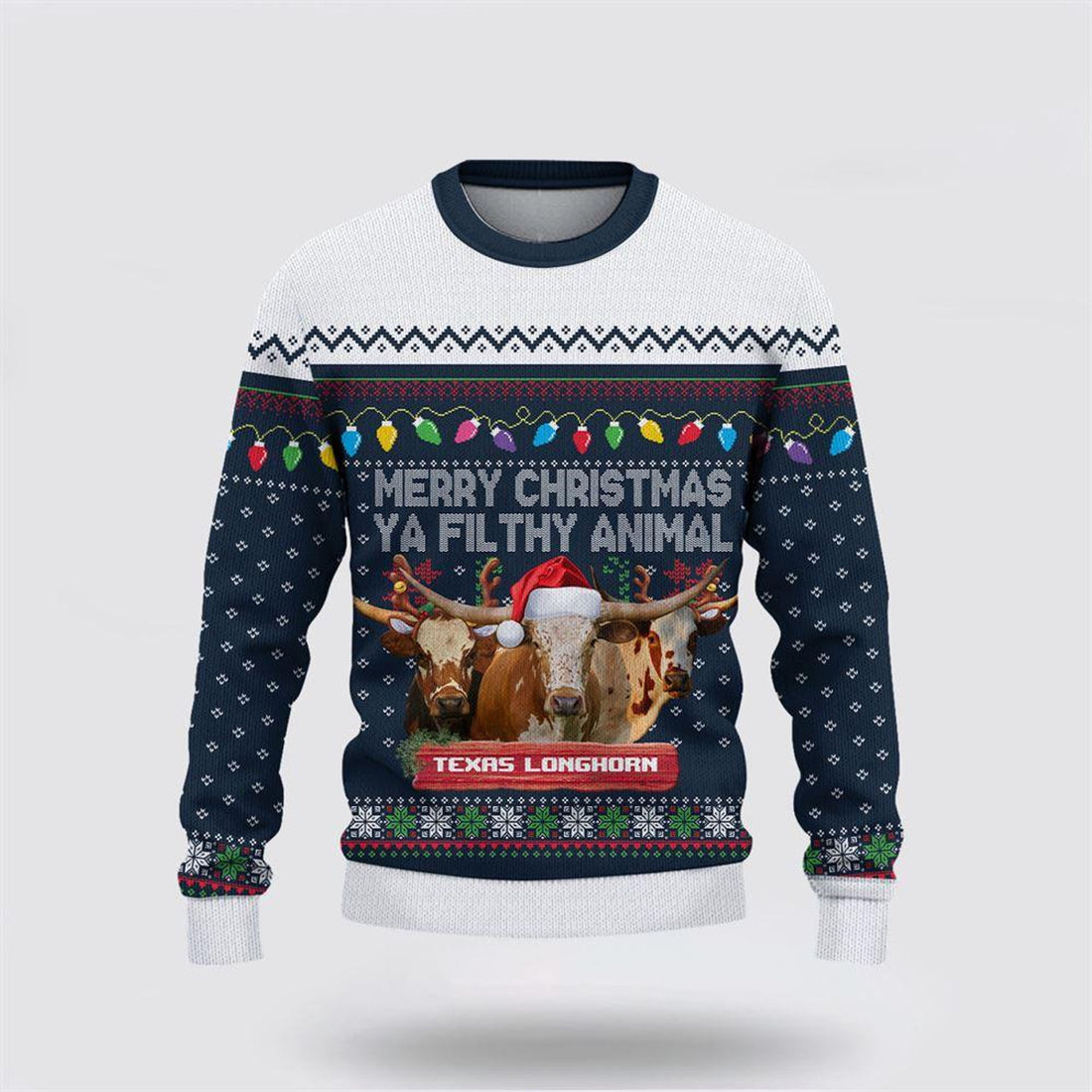 FUNSTUFFPRINT Texas Longhorn Merry Christmas Ugly Sweater, Gifts For Farmers, Rural Lovers Ugly Sweater