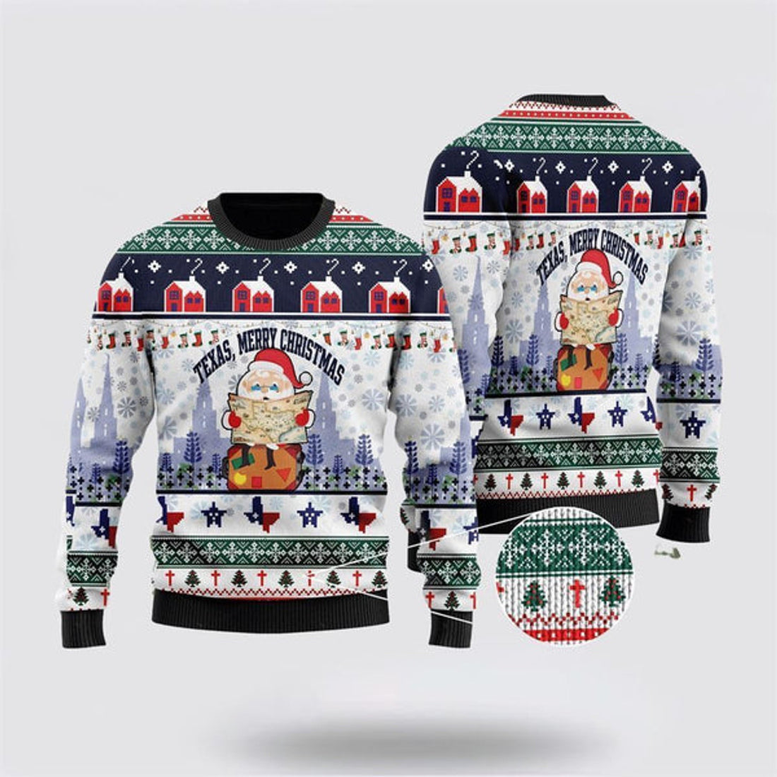 FUNSTUFFPRINT Texas Merry Christmas Jesus Santa Claus Ugly Christmas Sweater For Men And Women, Best Gift For Christmas, The Beautiful Winter Christmas Outfit Ugly Sweater