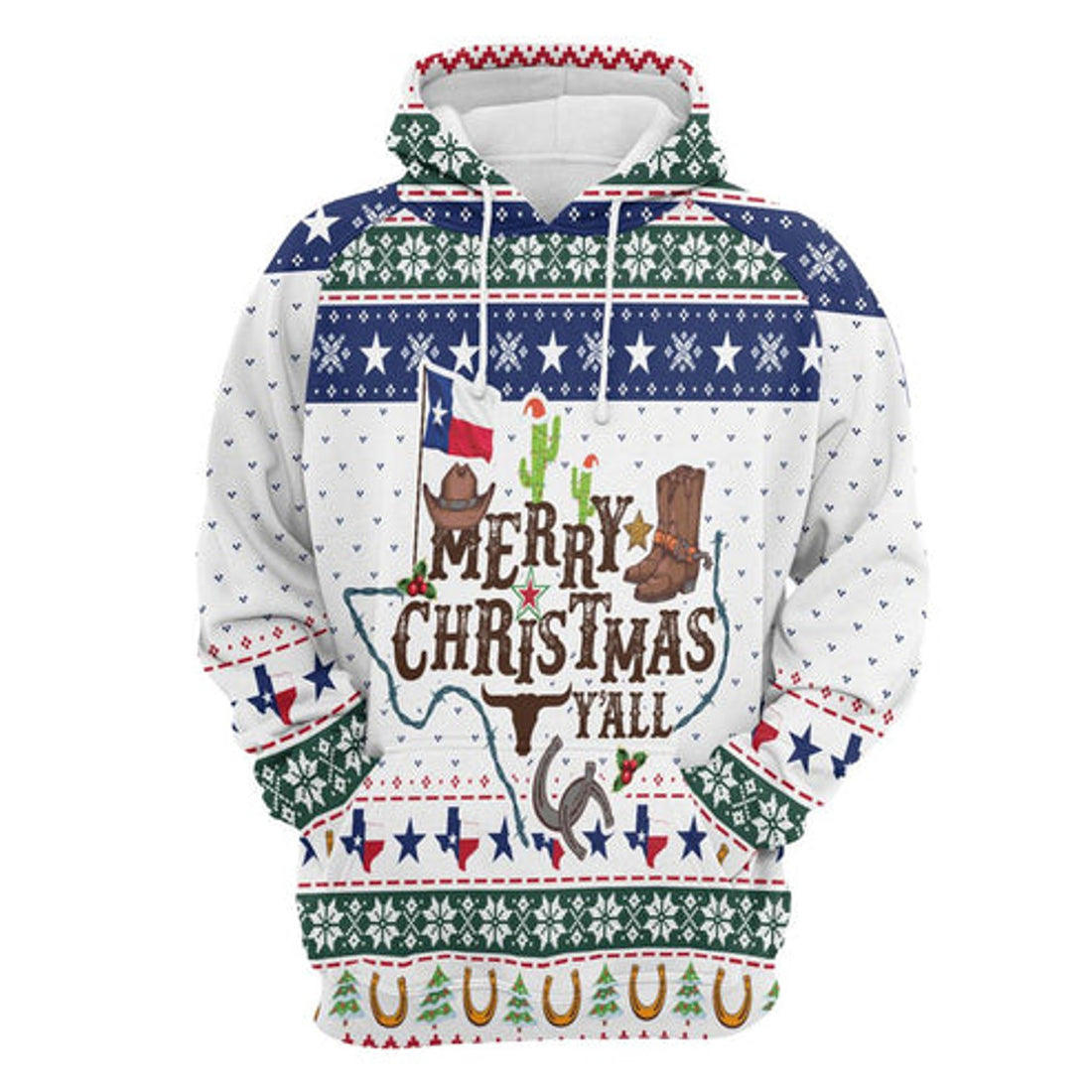 FUNSTUFFPRINT 3D Texas Merry Christmas Y'all All Over 3D Hoodie and Zip Hoodie