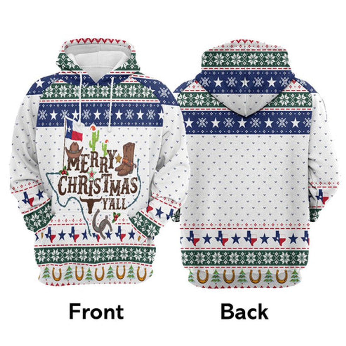 FUNSTUFFPRINT 3D Texas Merry Christmas Y'all All Over 3D Hoodie and Zip Hoodie