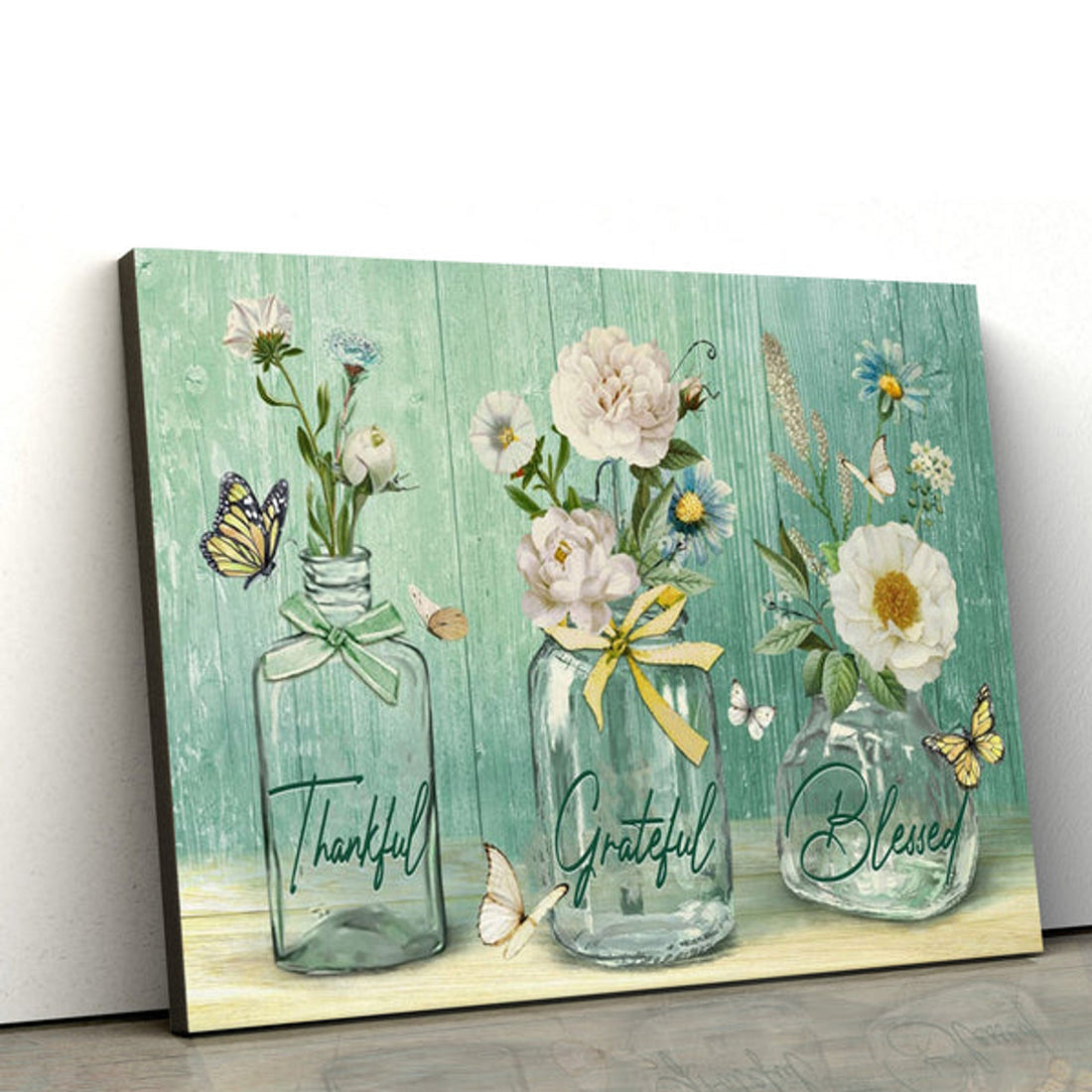 Thankful Grateful Blessed Wall Art Canvas Butterfly Flower Christian Decor - Religious Posters