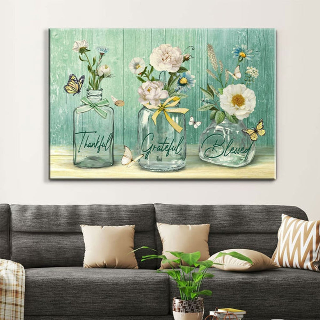 Thankful Grateful Blessed Wall Art Canvas, Butterfly Flower Christian Wall Decor - Religious Wall Decor
