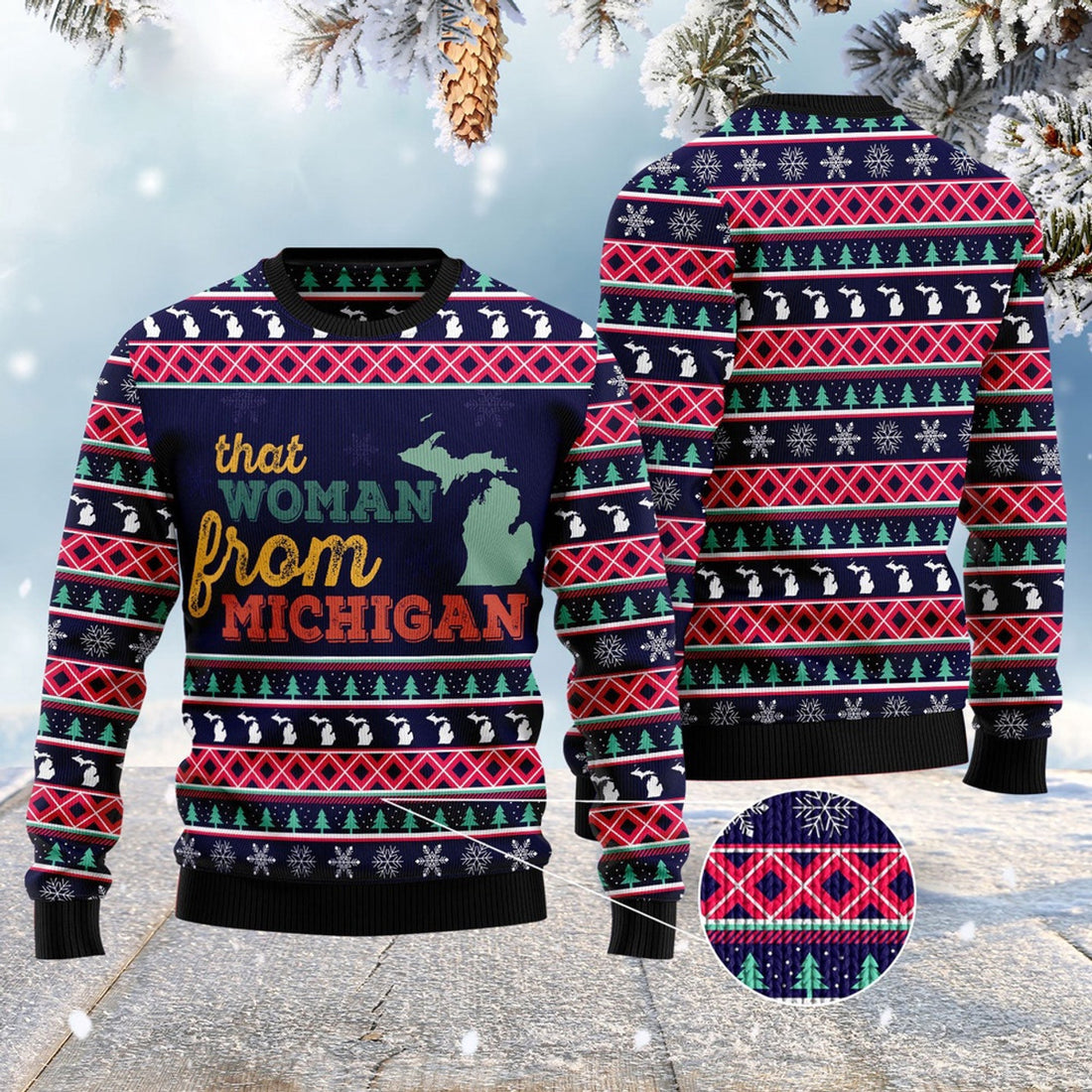 FUNSTUFFPRINT That Woman From Michigan Ugly Christmas Sweater, Christmas Sweater, Ugly Sweater, Funny Xmas Sweaters Ugly Sweater