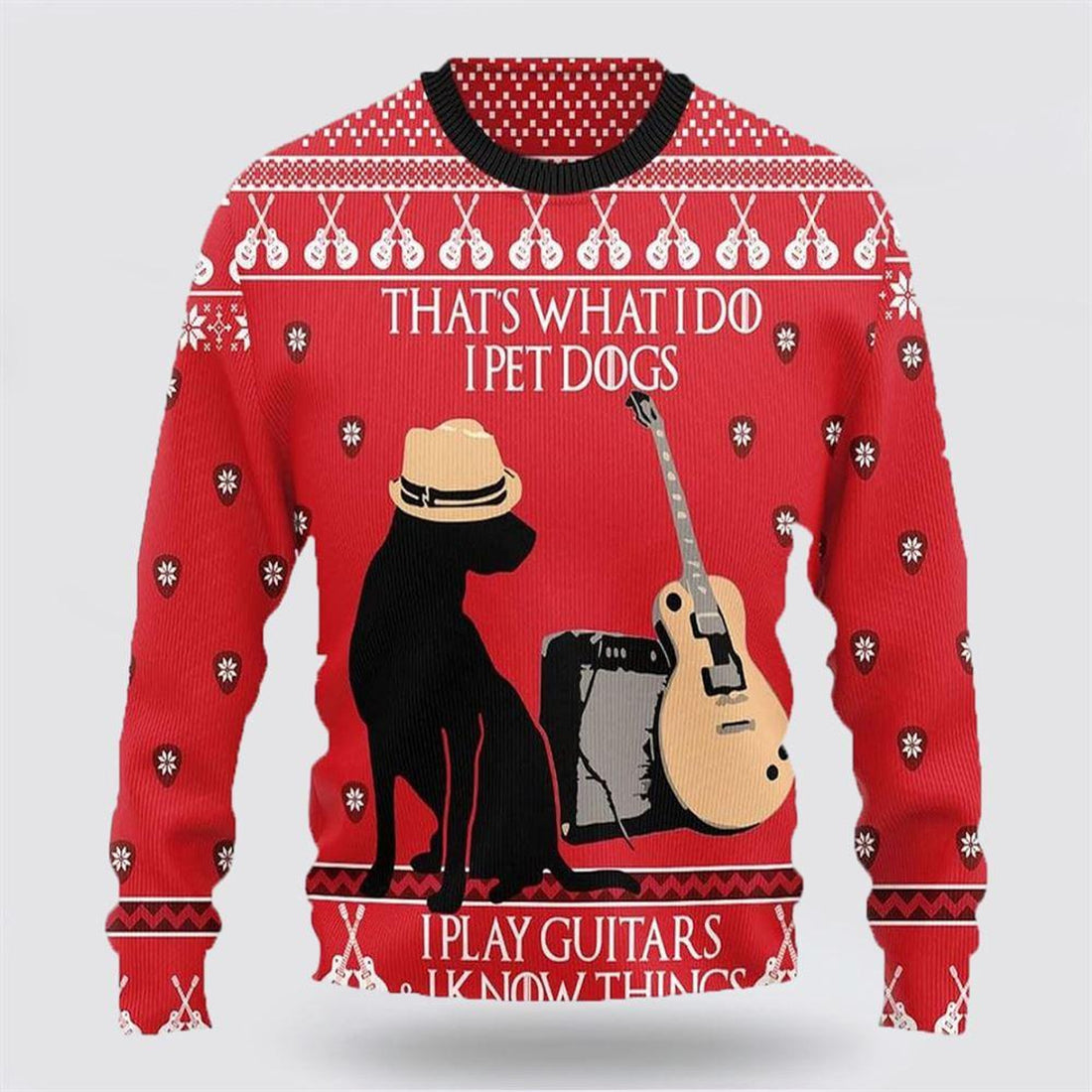 FUNSTUFFPRINT That's What I Do I Pet Dogs I Play Guitars Christmas Ugly Sweater - Gifts For Dog Lover Ugly Sweater